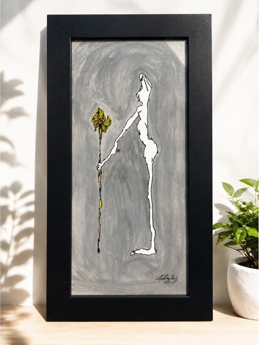 Original Acrylic Painting by Anthony Perry - Abstract Figure with Staff in Black